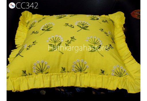 Yellow Embroidered Frill Throw Pillow Cushion Cover Handmade Embroidery Decorative Home Decor Pillowcase Housewarming Bridal Shower Wedding.